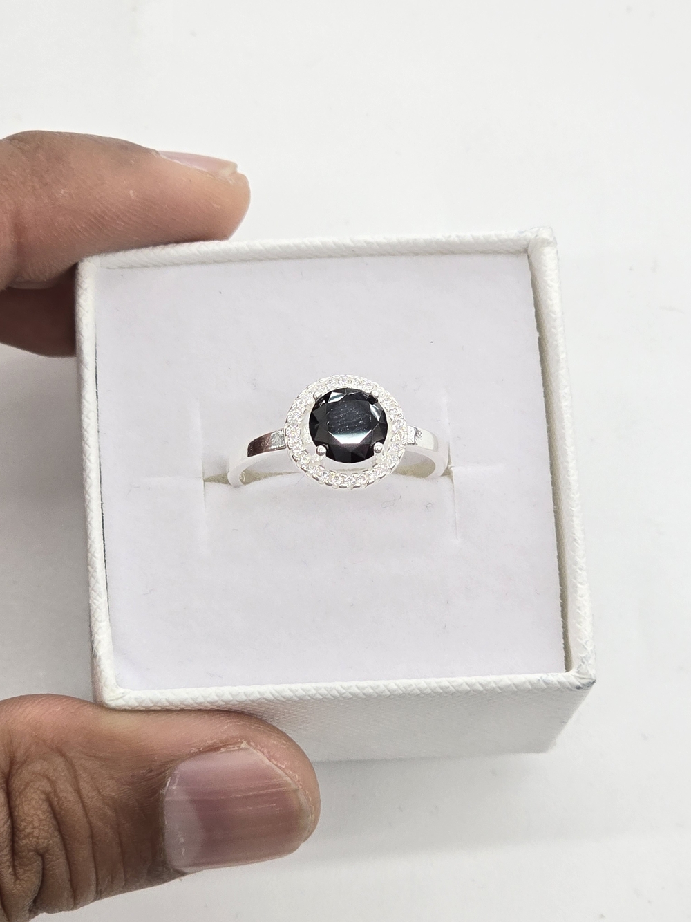 925 Sterling Silver Black Stone Halo Ring